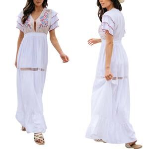 White Lace Embroider Floral Plunging Ruffle Sleeve Cottage Maxi Dress Medium New